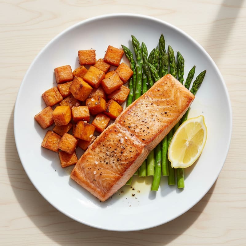 Seared Salmon Fillet with Roasted Sweet Potato and Asparagus