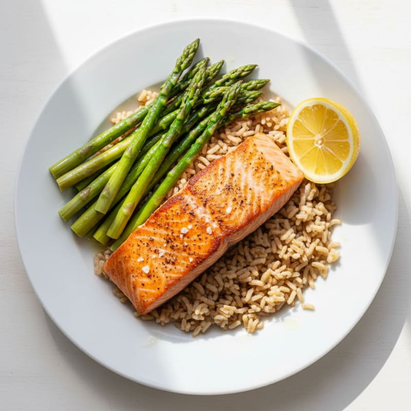 Seared Salmon Fillet with Steamed Asparagus and Brown Rice