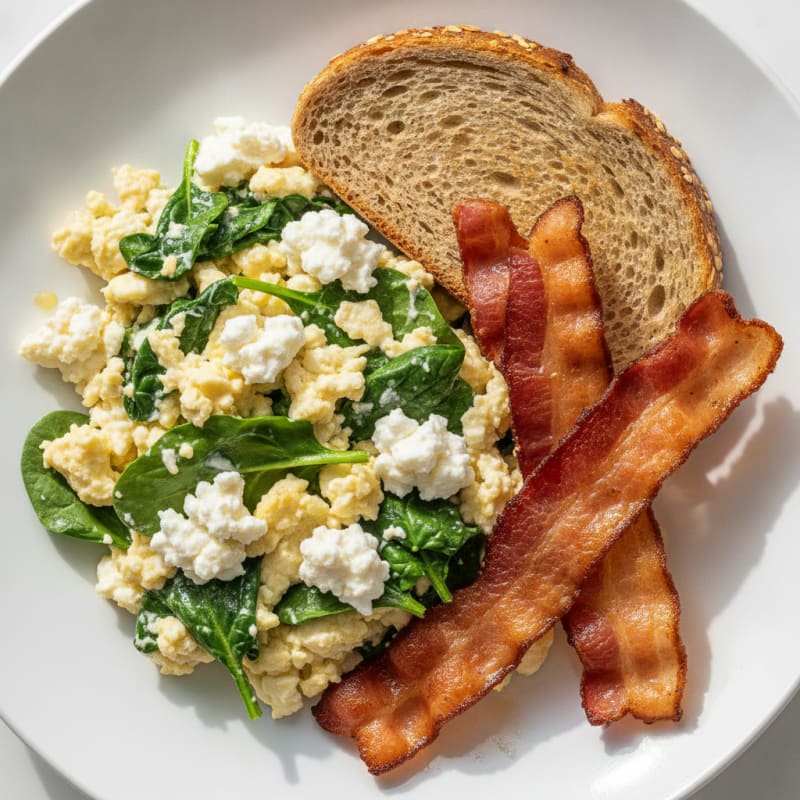 Egg White Spinach Scramble with Cottage Cheese and Turkey Bacon