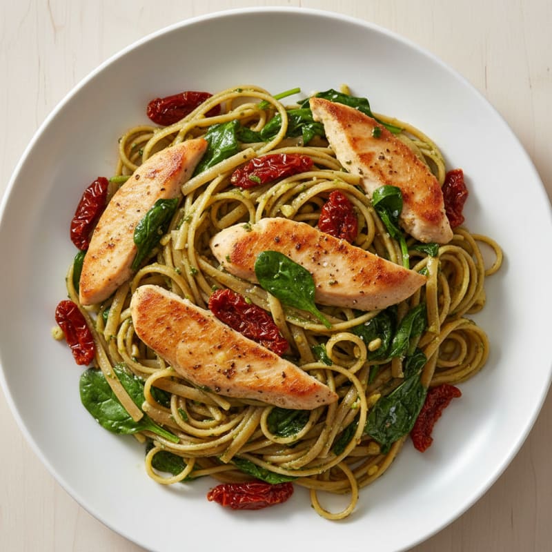 Pesto Chicken Linguine with Sun-Dried Tomatoes