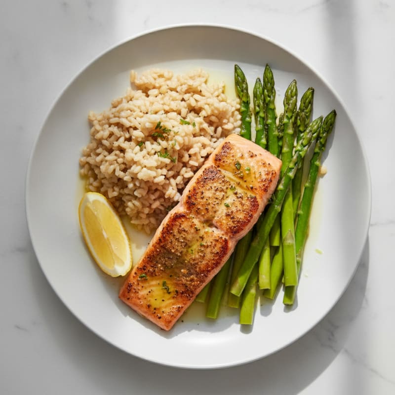 Seared Salmon Fillet with Steamed Asparagus and Brown Rice