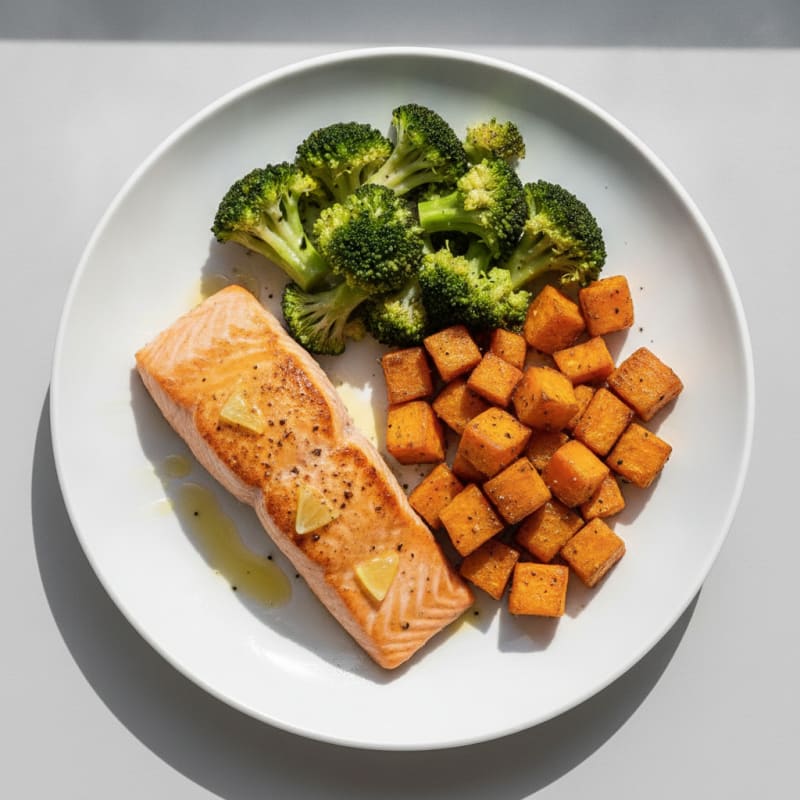 Seared Salmon with Roasted Sweet Potato and Steamed Broccoli