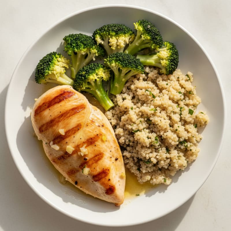 Grilled Lemon-Garlic Chicken Breast with Quinoa and Steamed Broccoli