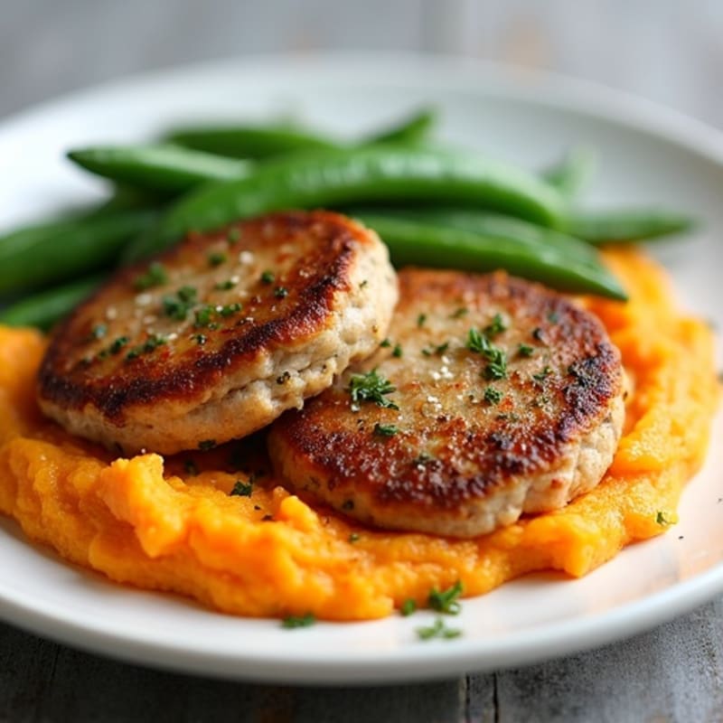 Seared Turkey Patties with Garlic Green Beans and Sweet Potato Mash