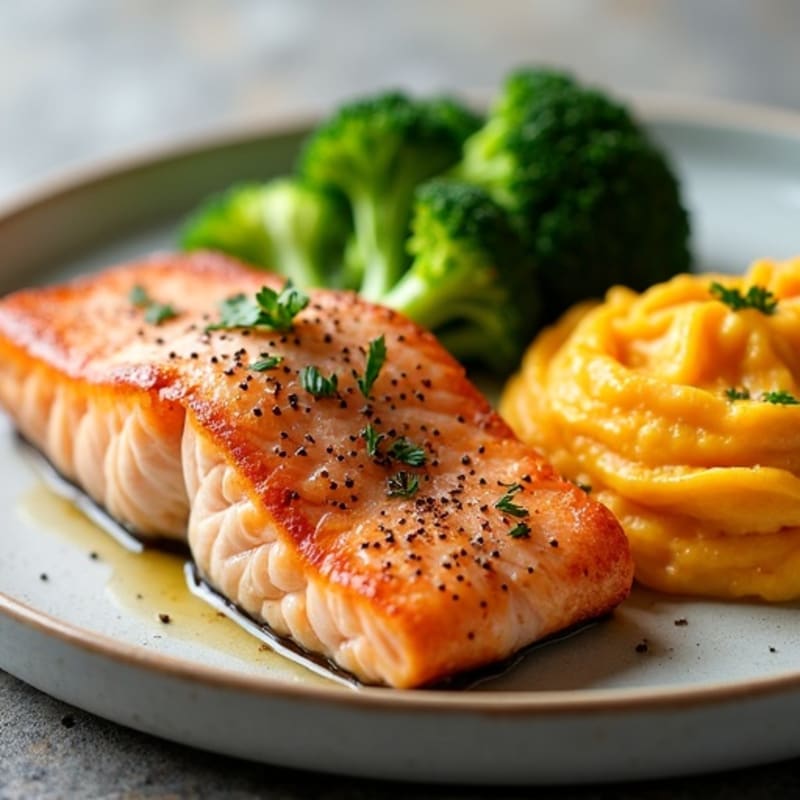 Seared Salmon with Steamed Broccoli and Garlic Mashed Sweet Potatoes