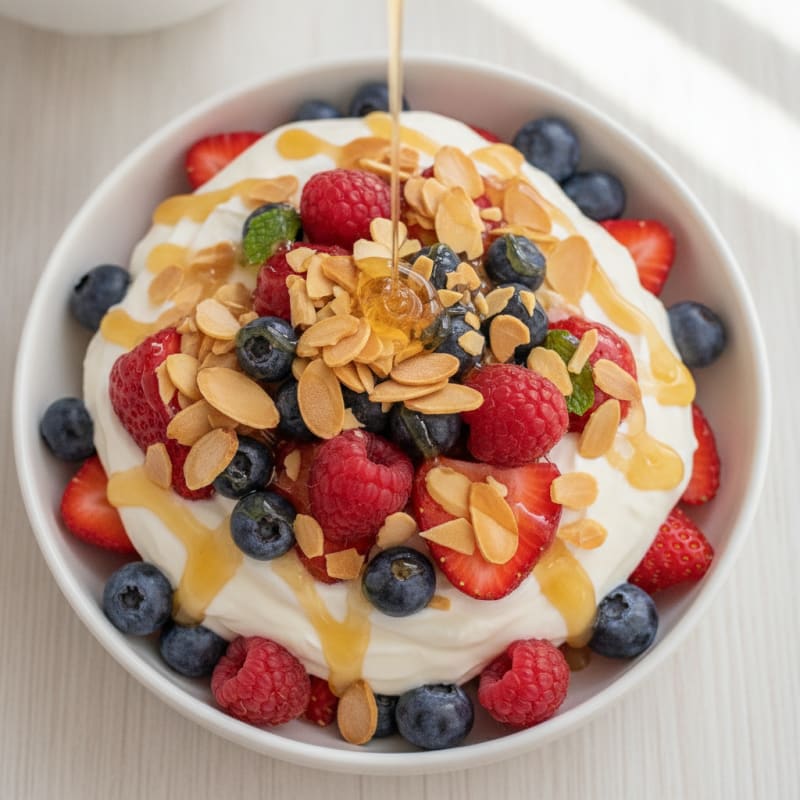 Greek Yogurt Protein Parfait with Mixed Berries and Almonds