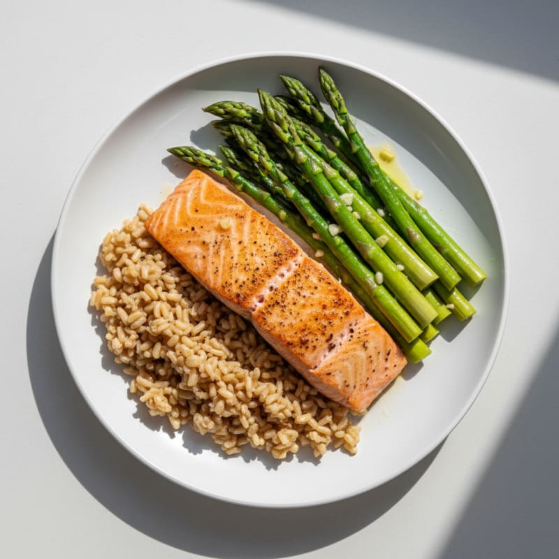 Seared Salmon with Steamed Asparagus and Brown Rice