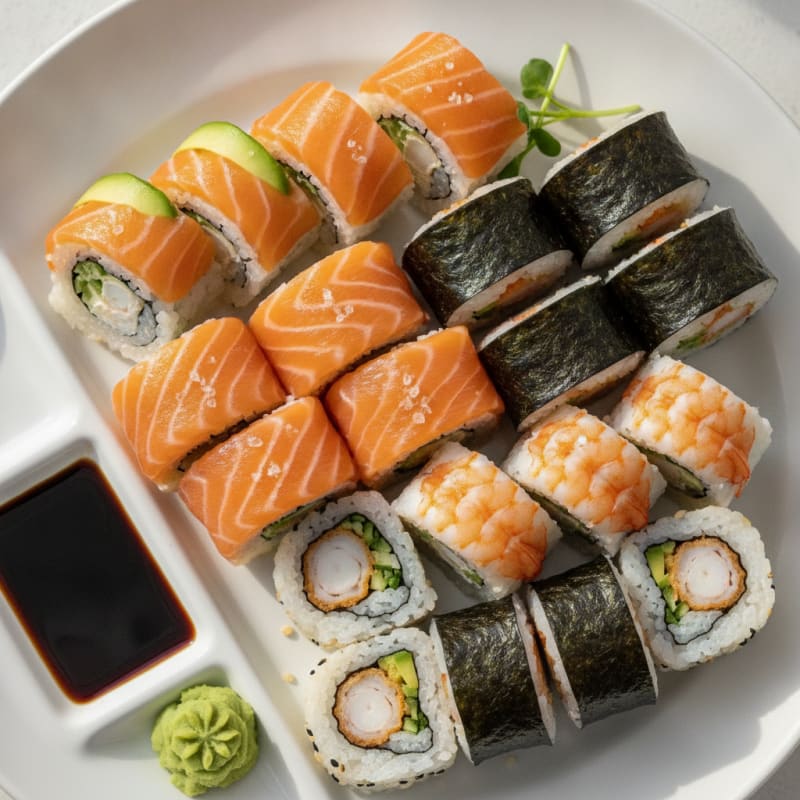 Assorted Fresh Sushi Rolls with Wasabi
