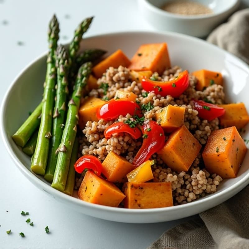 Ground Turkey Sweet Potato Skillet with Roasted Asparagus and Bell Peppers
