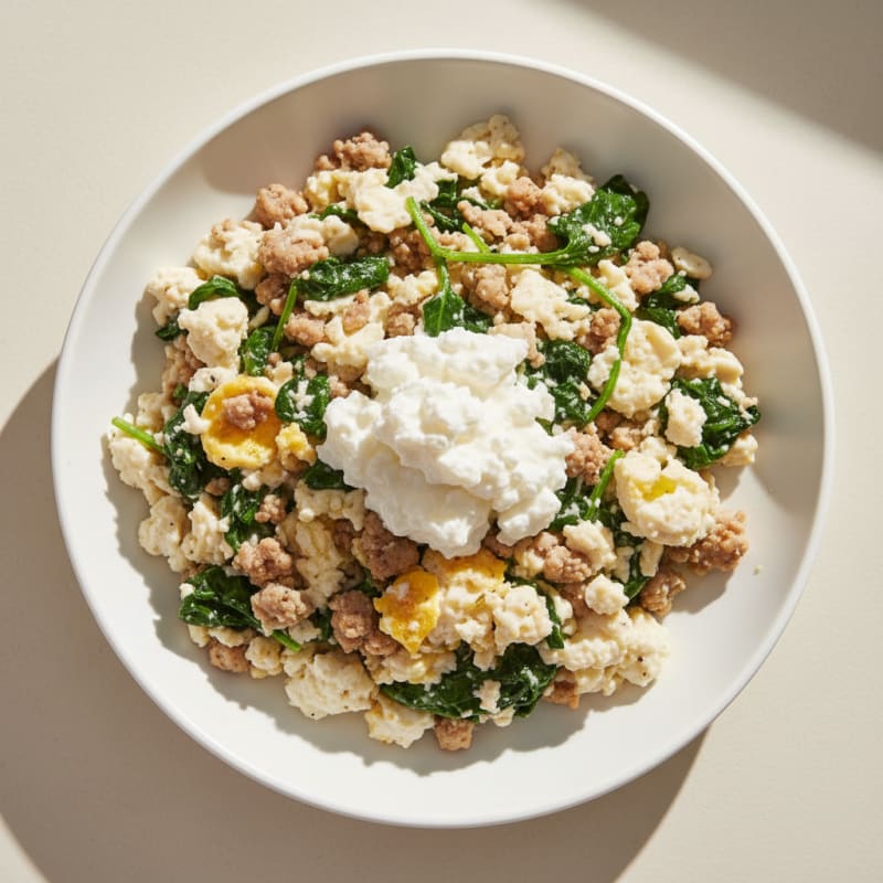 Egg White and Turkey Spinach Scramble with Cottage Cheese