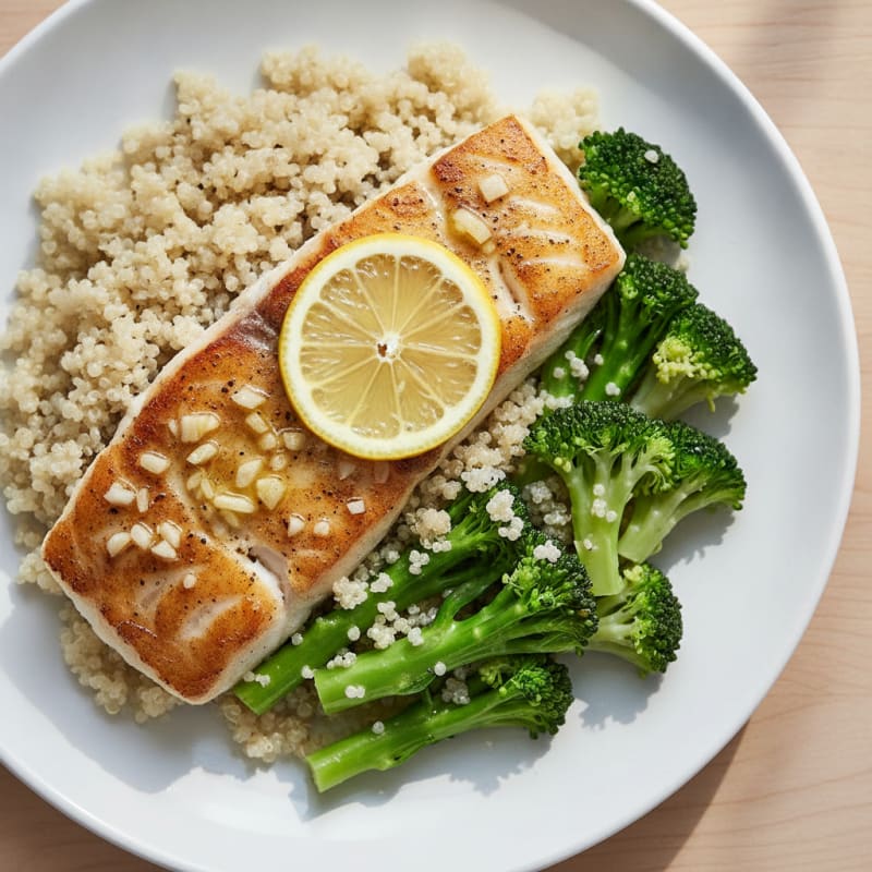 Seared Cod Fillet with Steamed Broccoli and Quinoa