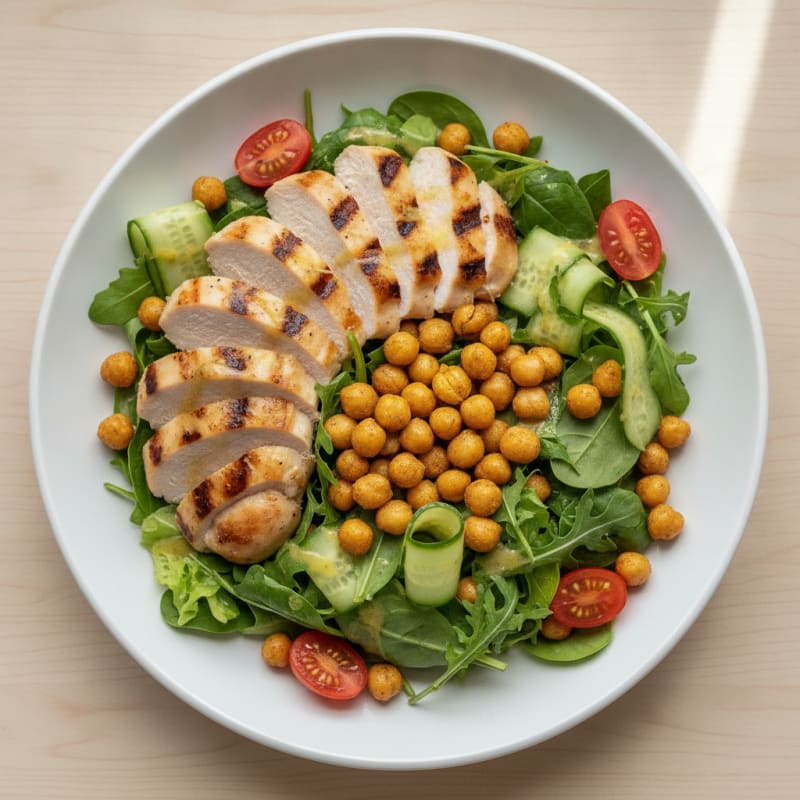 Grilled Chicken Breast Salad with Crunchy Chickpeas and Lemon Vinaigrette