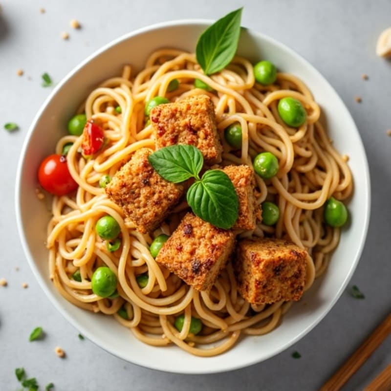 Creamy Vegan Thai Peanut Noodles with Crispy Tofu