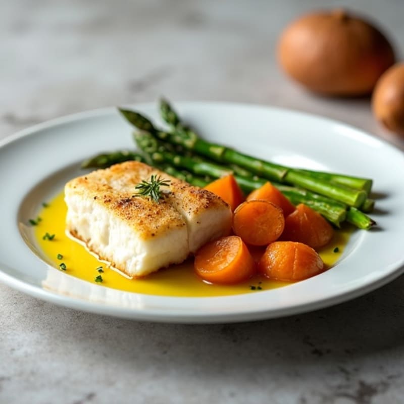 Baked Cod with Roasted Sweet Potato and Asparagus