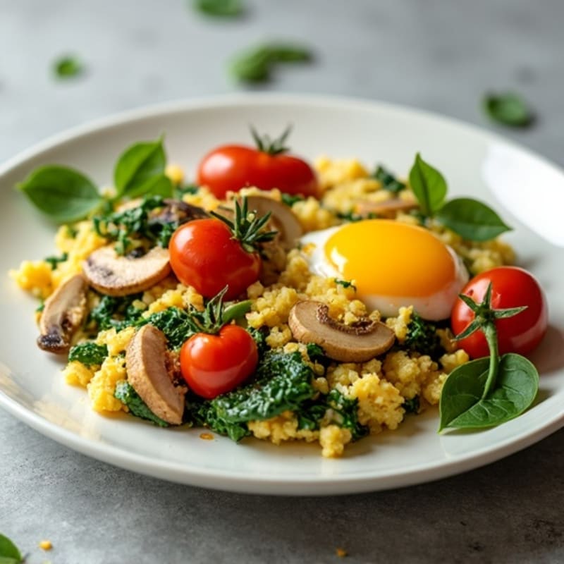 Spinach Mushroom Egg Scramble with Cherry Tomatoes