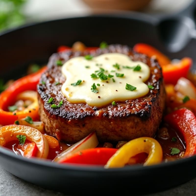 Skillet Sirloin with Sautéed Peppers, Onions, and Creamy Provolone