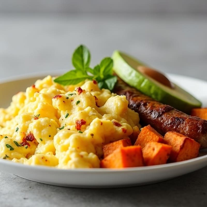 Egg White Scramble with Turkey Sausage and Roasted Sweet Potato