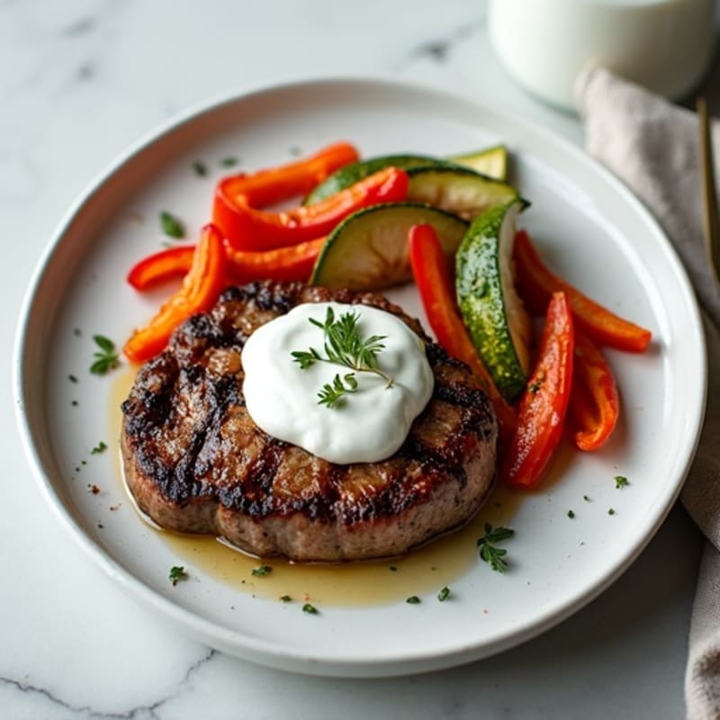 Seared Steak with Roasted Vegetables and Garlic Yogurt Sauce