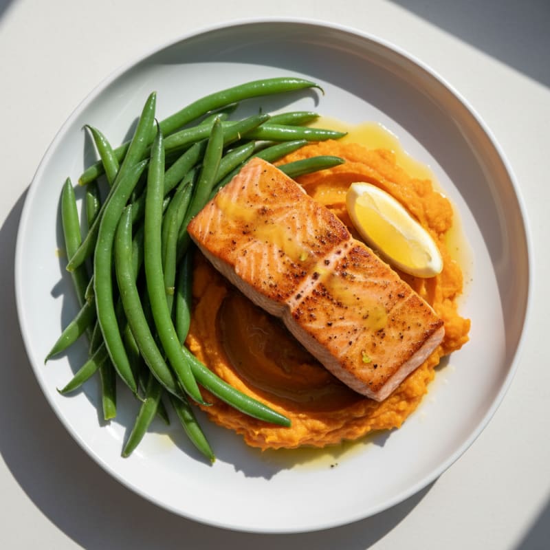 Seared Salmon with Steamed Green Beans and Sweet Potato Mash