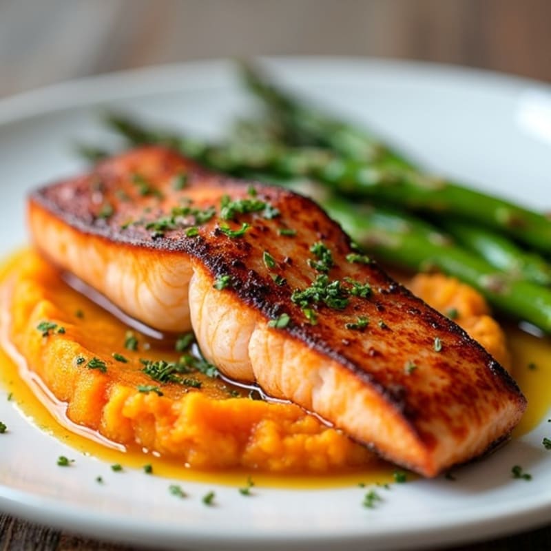 Seared Salmon Fillet with Roasted Asparagus and Sweet Potato Mash