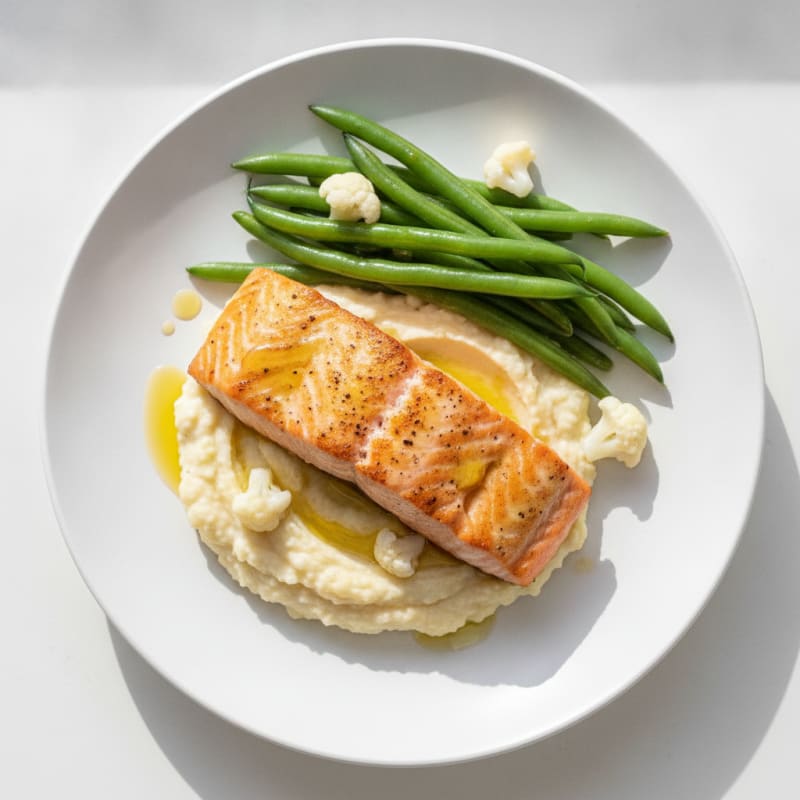 Seared Salmon Fillet with Steamed Green Beans and Cauliflower Mash