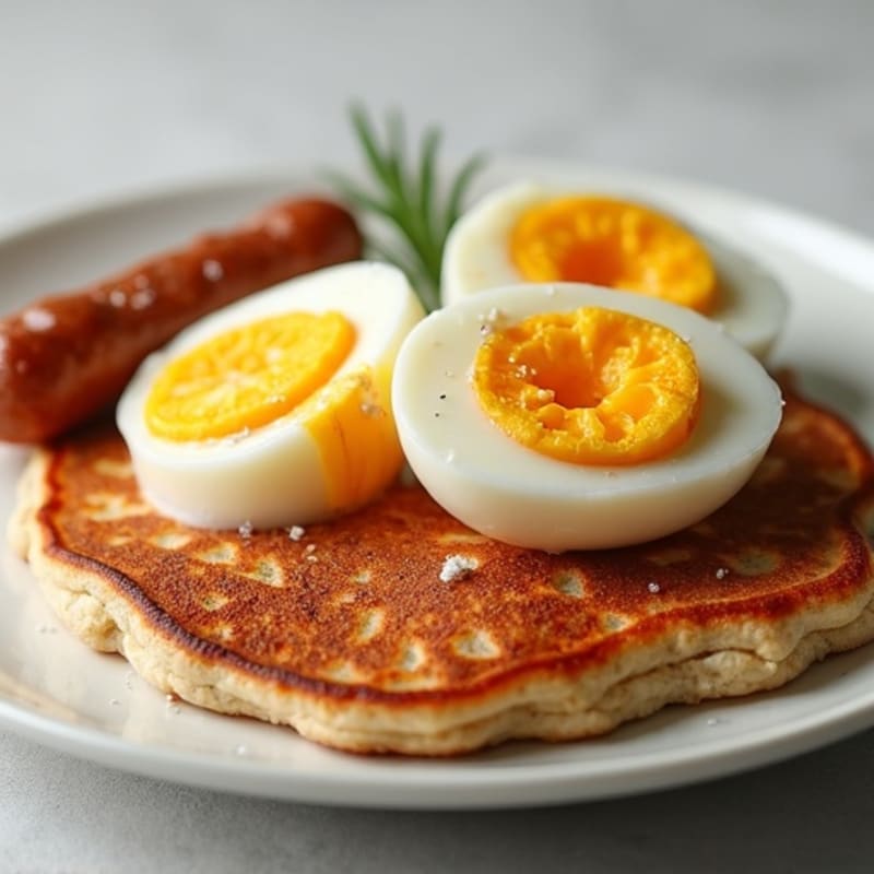 Soft Boiled Eggs with Turkey Sausage and Fluffy Whole Wheat Pancake