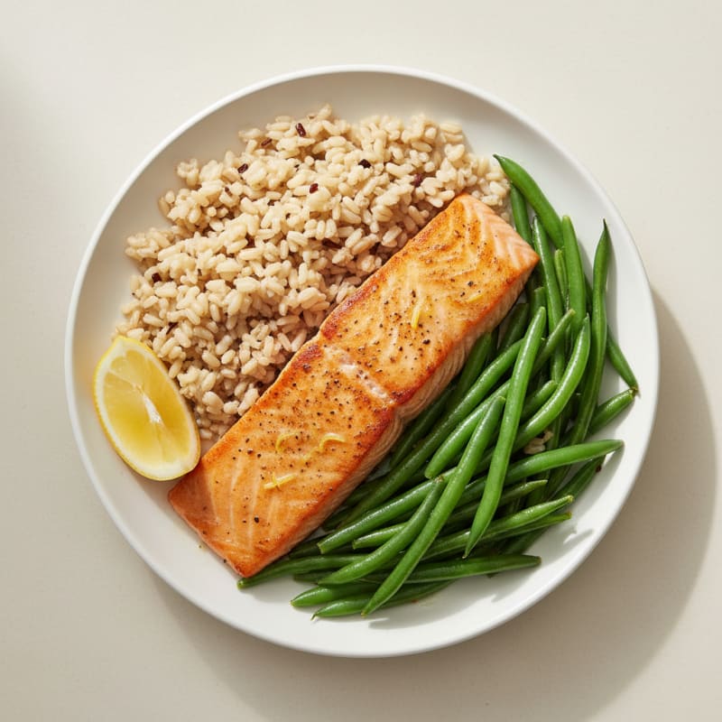 Seared Salmon with Steamed Green Beans and Brown Rice