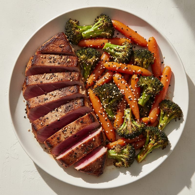Seared Tuna Steak with Roasted Broccoli and Carrots