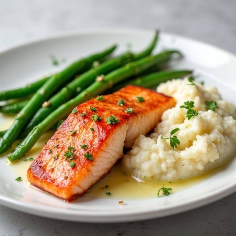 Seared Salmon with Garlic Green Beans and Cauliflower Mash