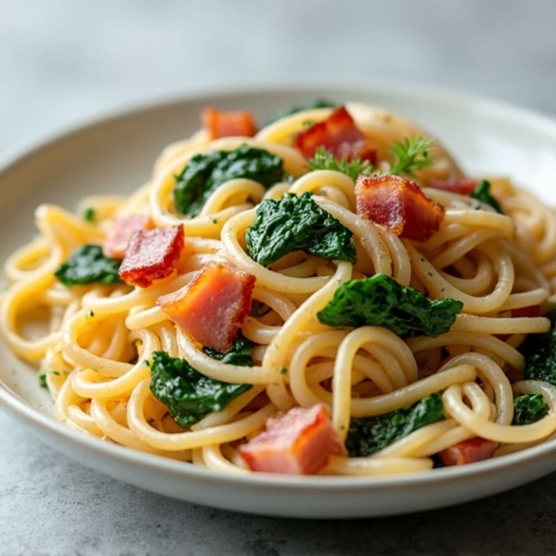 Creamy Lean Turkey Bacon Pasta with Wilted Spinach