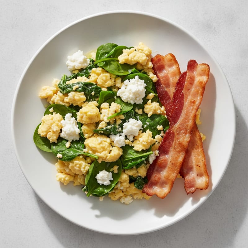Cottage Cheese Egg Scramble with Spinach and Turkey Bacon
