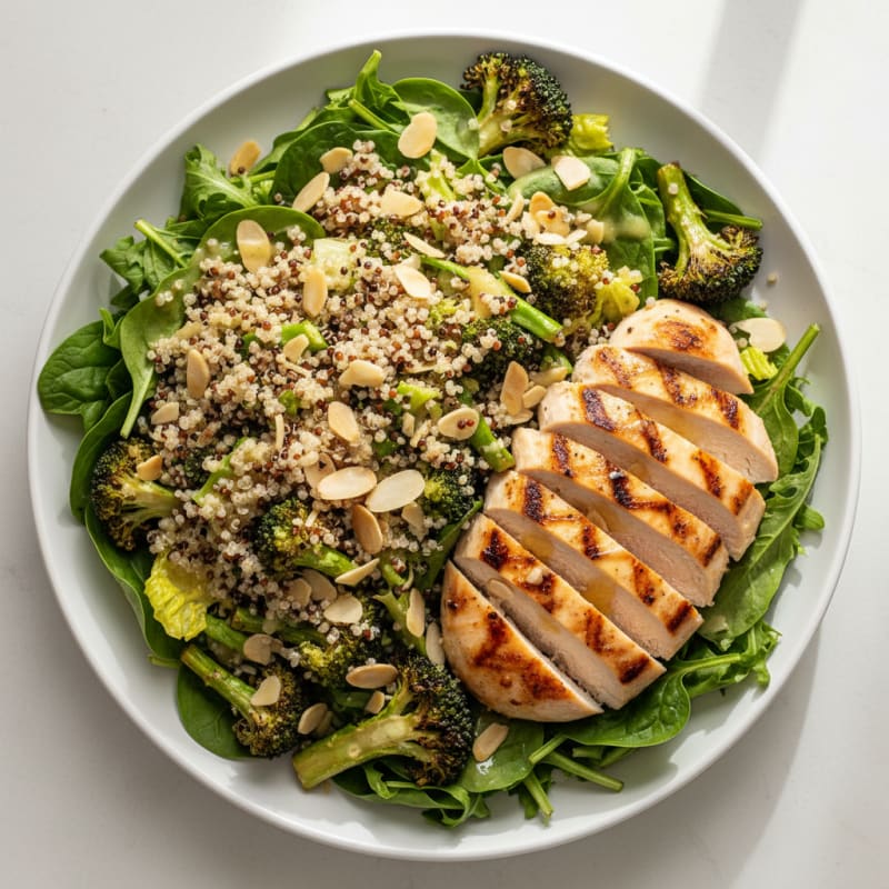 Grilled Chicken Breast Salad with Quinoa and Roasted Broccoli