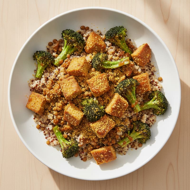 Crispy Lentil and Quinoa Power Bowl with Roasted Broccoli