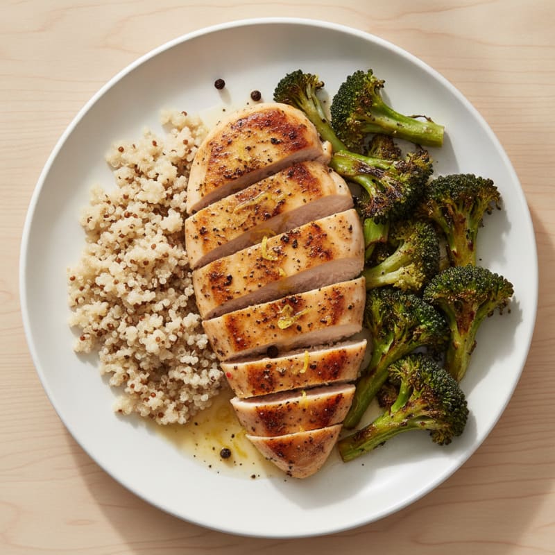 Grilled Lemon Pepper Chicken Breast with Quinoa and Roasted Broccoli