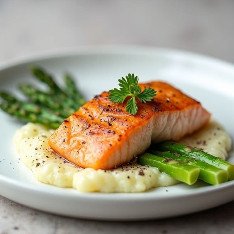 Seared Salmon with Steamed Asparagus and Cauliflower Mash