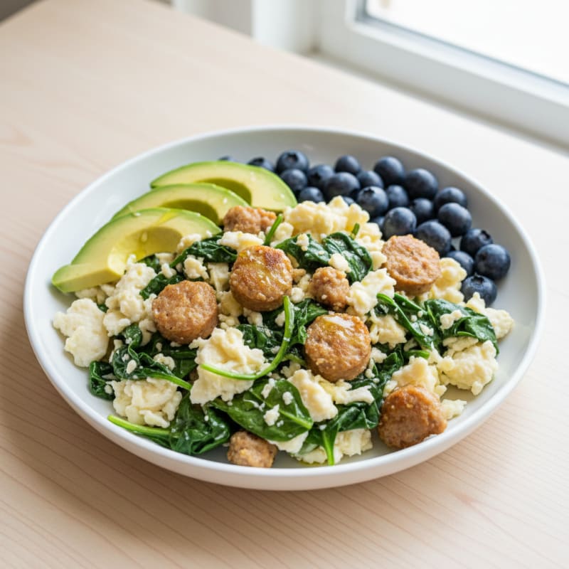 Egg White and Spinach Scramble with Turkey Sausage