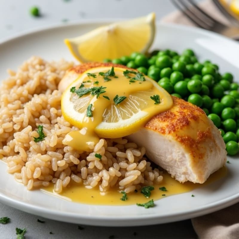 Creamy Lemon Chicken with Fresh Peas and Brown Rice