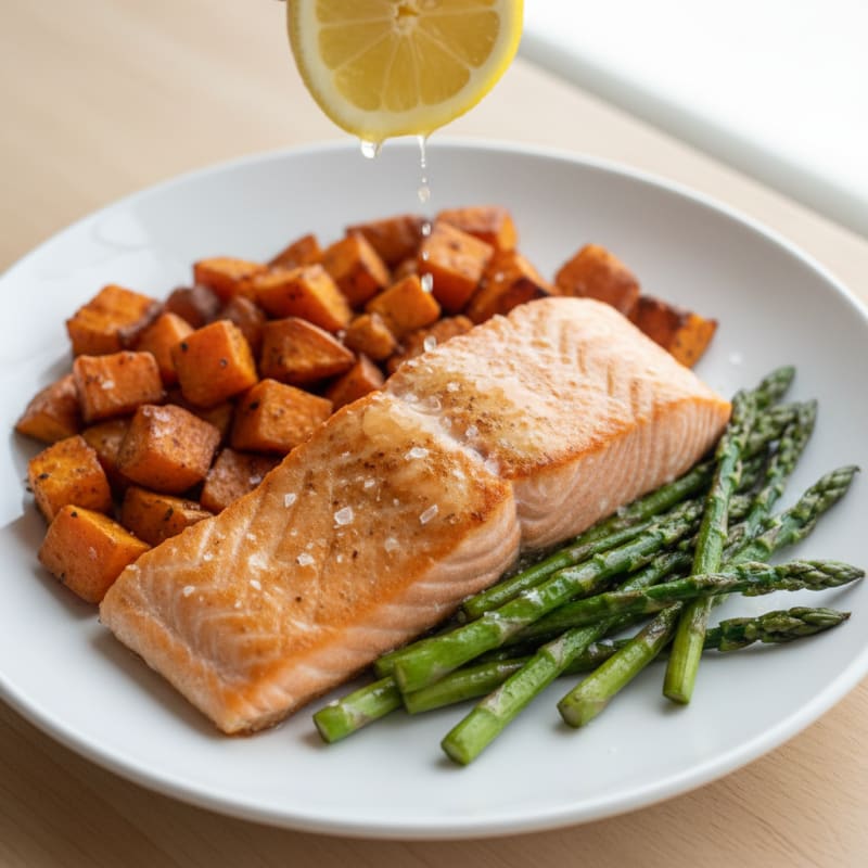 Seared Salmon with Roasted Sweet Potato and Asparagus