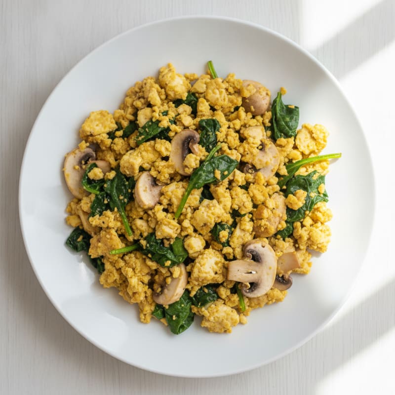 Silky Tofu Scramble with Spinach and Mushrooms