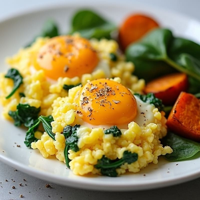 Protein-Packed Fluffy Scrambled Eggs with Spinach and Roasted Sweet Potatoes