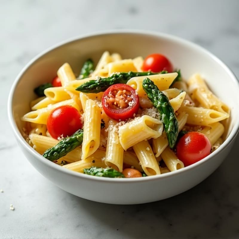 Creamy Lemon Garlic Pasta with Roasted Asparagus and Cherry Tomatoes