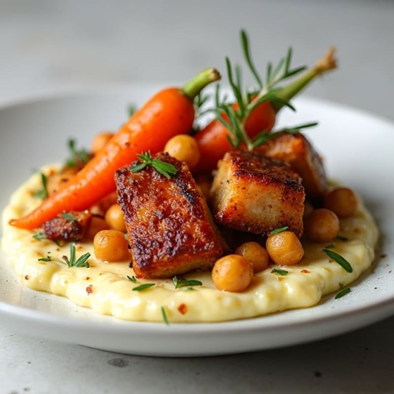 Crispy Roasted Pork Belly with Roasted Root Vegetables and Egg White Base