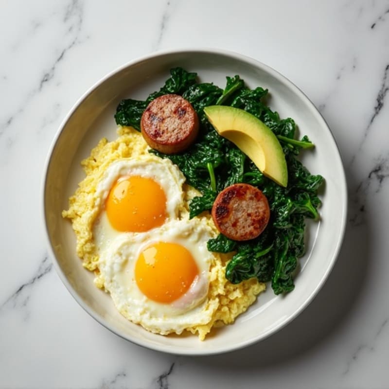 Egg White and Turkey Sausage Scramble with Sautéed Spinach