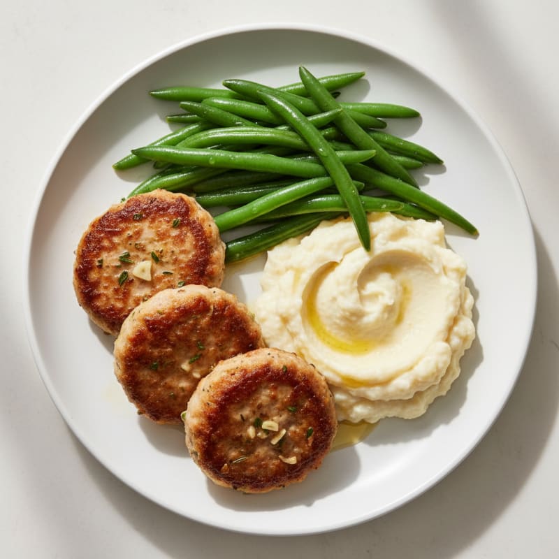 Seared Turkey Patties with Steamed Green Beans and Cauliflower Mash
