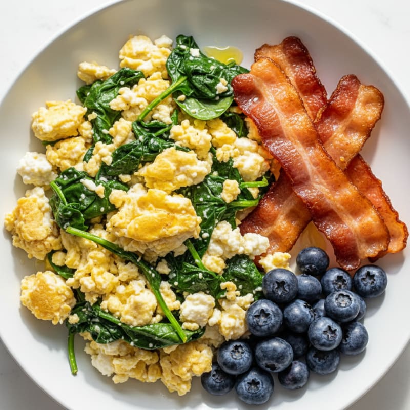 Cottage Cheese and Egg White Scramble with Spinach and Turkey Bacon