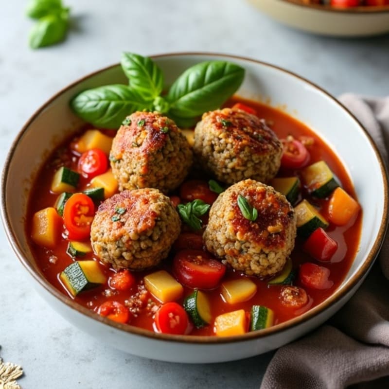 Hearty Lentil Meatballs with Roasted Vegetables and Fresh Marinara