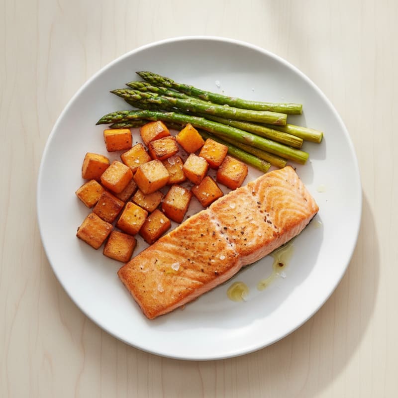 Seared Salmon Fillet with Roasted Sweet Potato and Asparagus