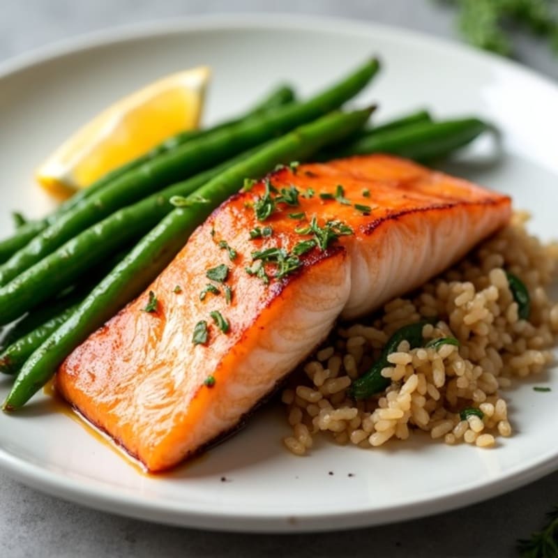 Seared Salmon with Garlic Green Beans and Brown Rice