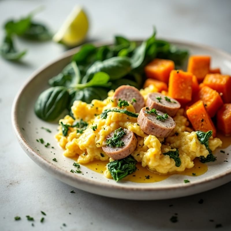 Egg White and Turkey Sausage Scramble with Spinach and Roasted Sweet Potatoes