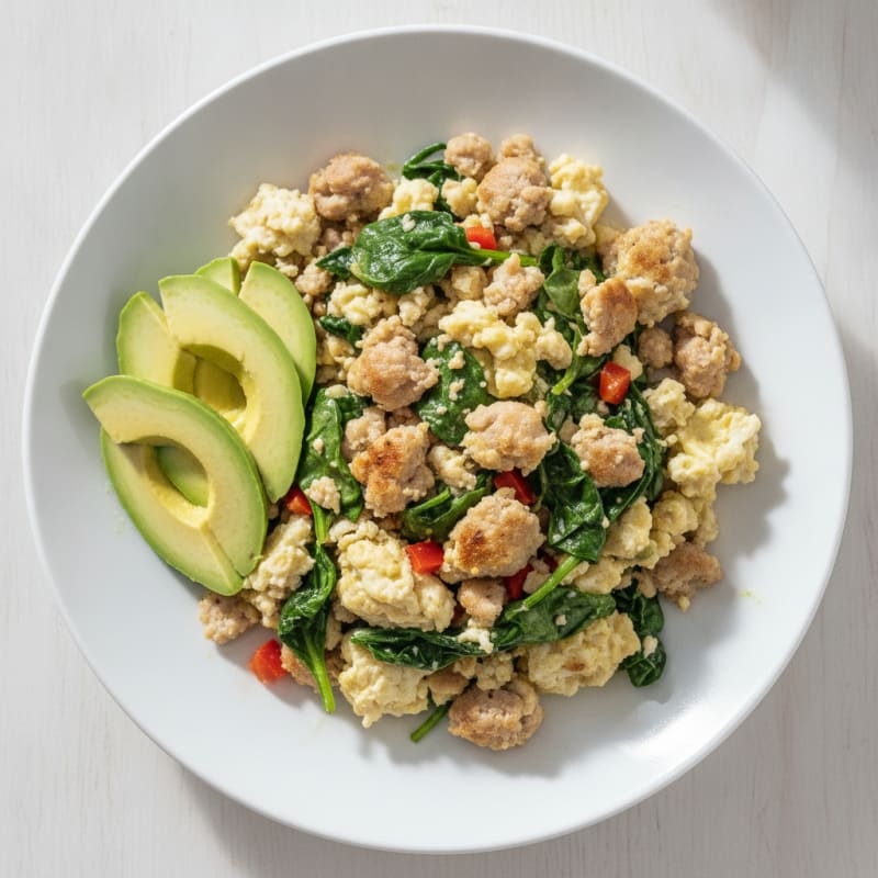 Egg White Scramble with Turkey Sausage and Sautéed Spinach